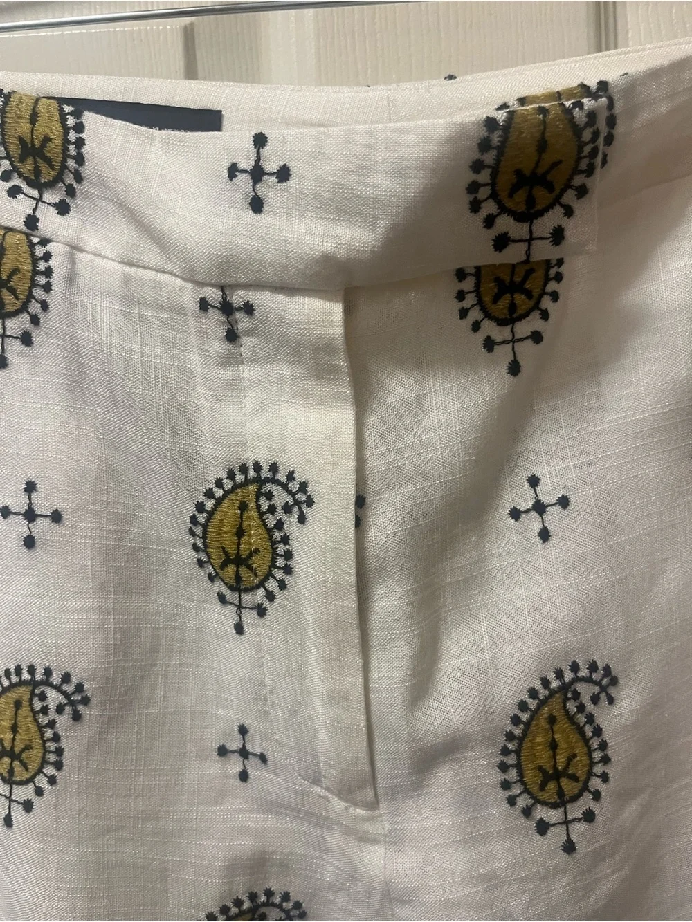 Zara Ecru Embroidered‎ Linen-Blend Paisley Printed Wide Leg Pants. Size XL.